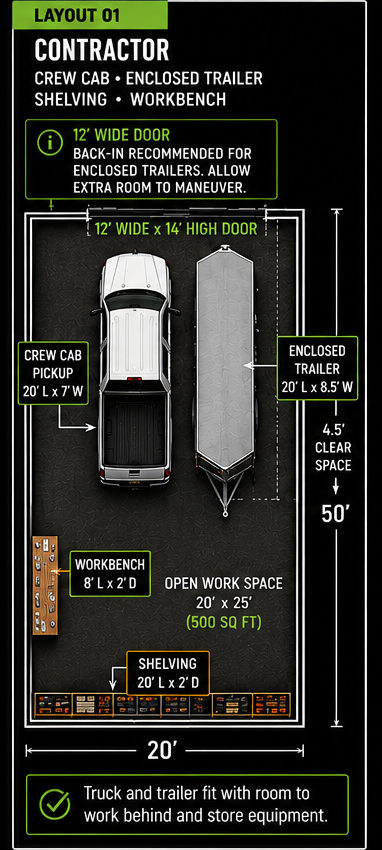Mobile view of contractor bay layout with crew cab pickup, enclosed trailer, shelving, and workbench