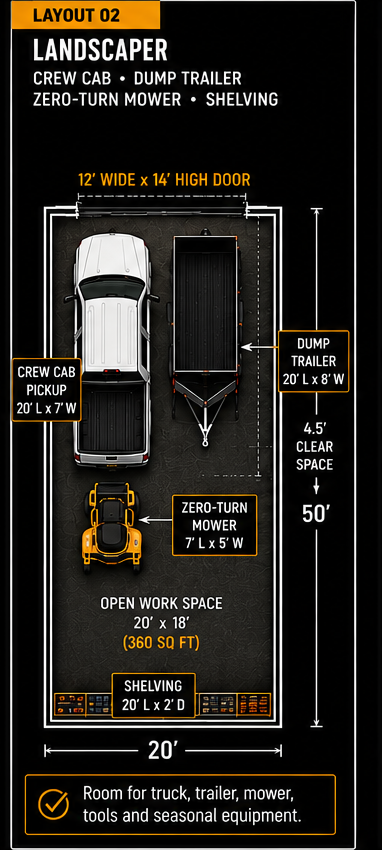 Mobile view of landscaper bay layout with crew cab pickup, dump trailer, zero-turn mower, and shelving