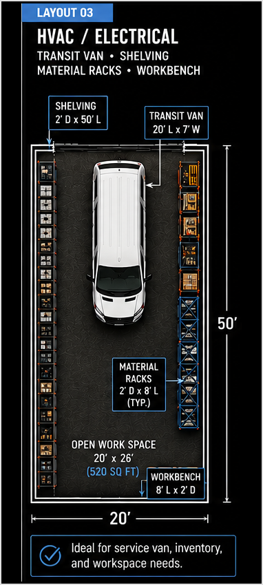Mobile view of HVAC and electrical bay layout with transit van, shelving, material racks, and workbench