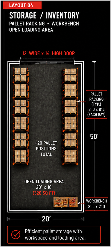 Mobile view of storage and inventory bay layout with pallet racking, open loading area, and workbench