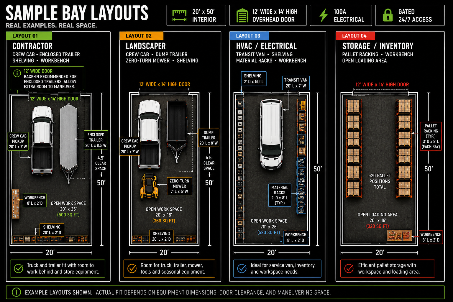 Sample bay layouts showing example setups for contractors, landscapers, HVAC and electrical work, and storage